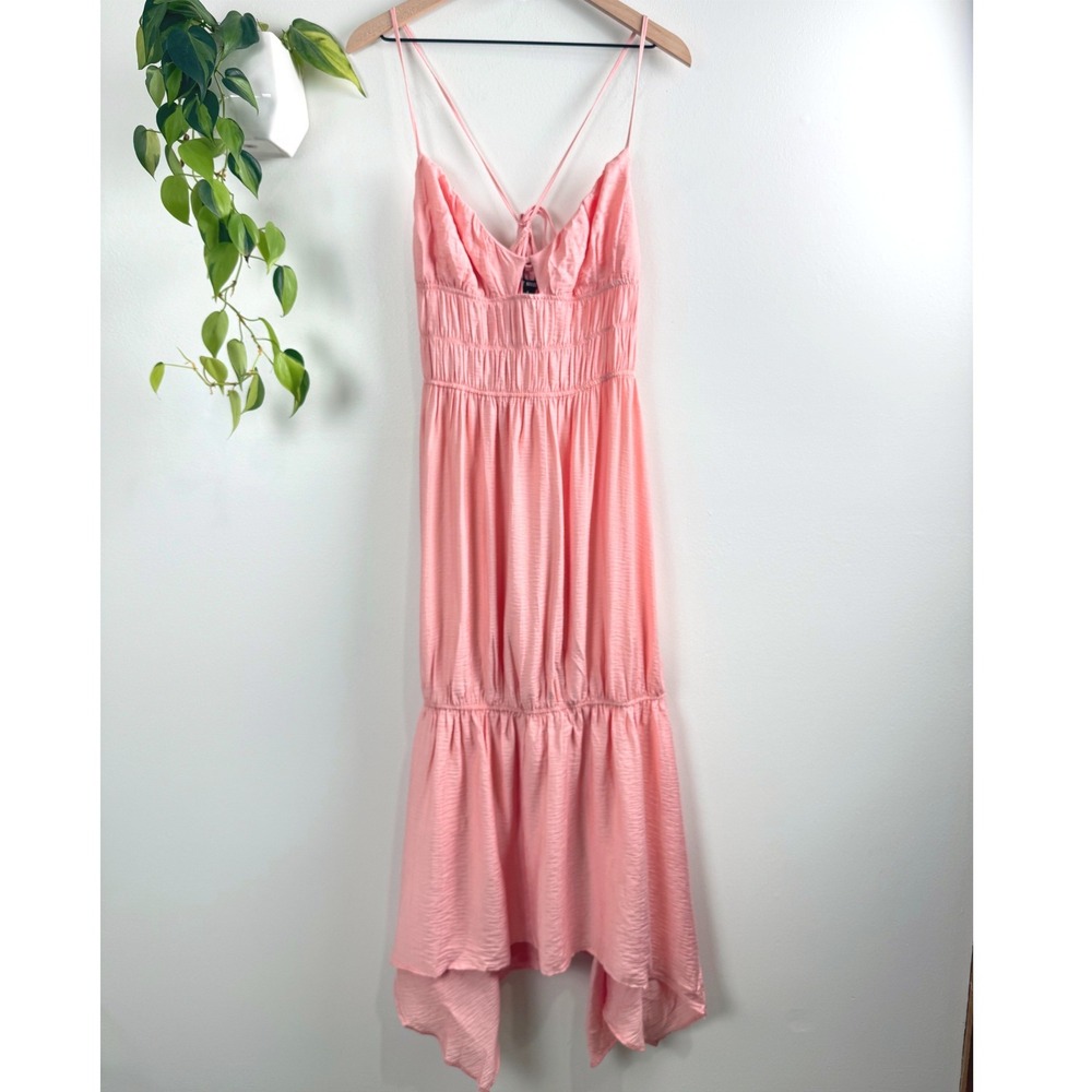Steve Madden Jackie Midi Dress Pink Smocked Handkerchief Hem L Boho Fairycore